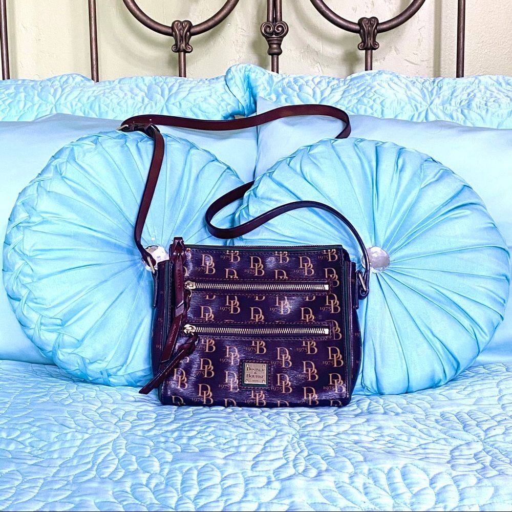 Dooney Brown Coated Cotton DB Design Crossbody Bag